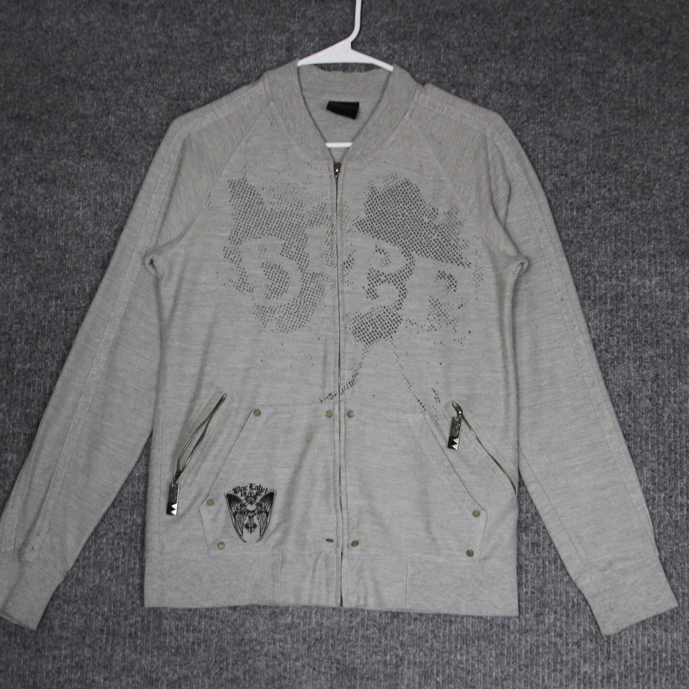 Blaq Label Skull Graphic Zip Up Jacket Womens Medium Gray‎ Punk Rock Biker - Picture 2 of 6